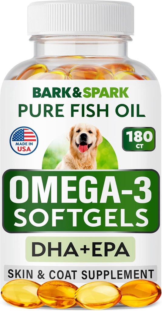 BARK&SPARK Omega 3 pour les chiens - 180 softgels à l'huile de poisson pour l'échouement des chiens, l'allergie cutanée, le soulagement des démangeaisons, le traitement des taches chaudes - Santé articulaire - Supplément pour la peau et le manteau - ADP et ADH Acides gras - Huile de saumon