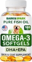 BARK&SPARK Omega 3 pour les chiens - 180 softgels à l'huile de poisson pour l'échouement des chiens, l'allergie cutanée, le soulagement des démangeaisons, le traitement des taches chaudes - Santé articulaire - Supplément pour la peau et le manteau - ADP et ADH Acides gras - Huile de saumon