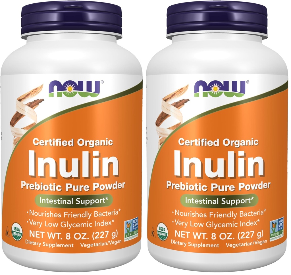 MAINTENANT Suppléments, Poudre pure prébiotique d'inuline, biologique certifiée, non-OGM Projet vérifié, soutien intestinal*, 8-Ounce (paquet de 2)