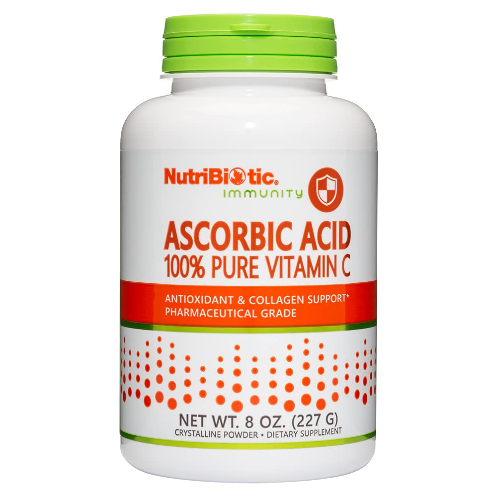 Acide ascorbique nutribiotique Poudre de vitamine C, 8 Oz , Acide L-ascorbique de qualité pharmaceutique, 2000 Mg par portion , Supplément de soutien pour collagènes immunologiques et antioxydants essentiels , sans gluten et sans OGM