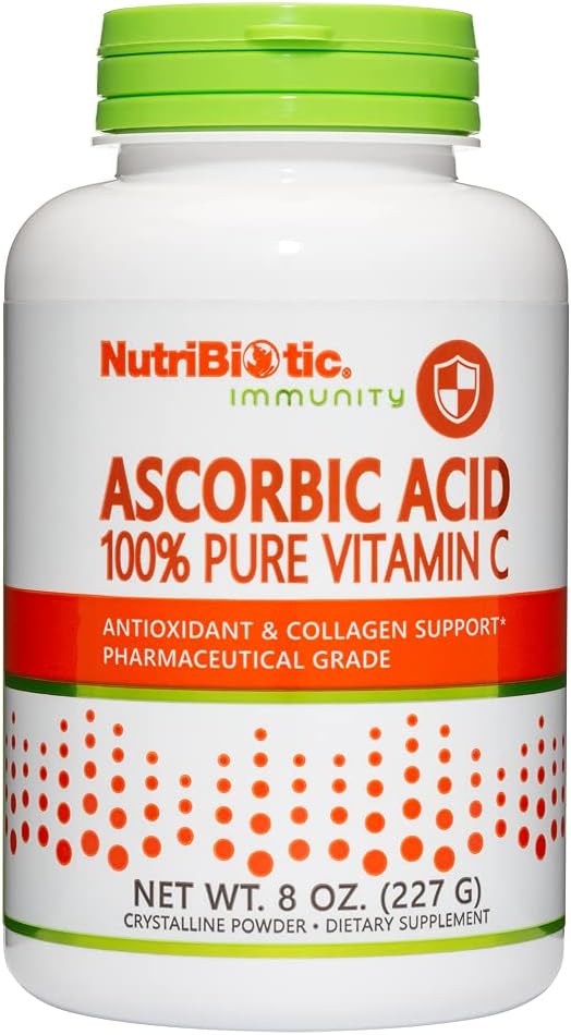 Acide ascorbique nutribiotique Poudre de vitamine C, 8 Oz , Acide L-ascorbique de qualité pharmaceutique, 2000 Mg par portion , Supplément de soutien pour collagènes immunologiques et antioxydants essentiels , sans gluten et sans OGM