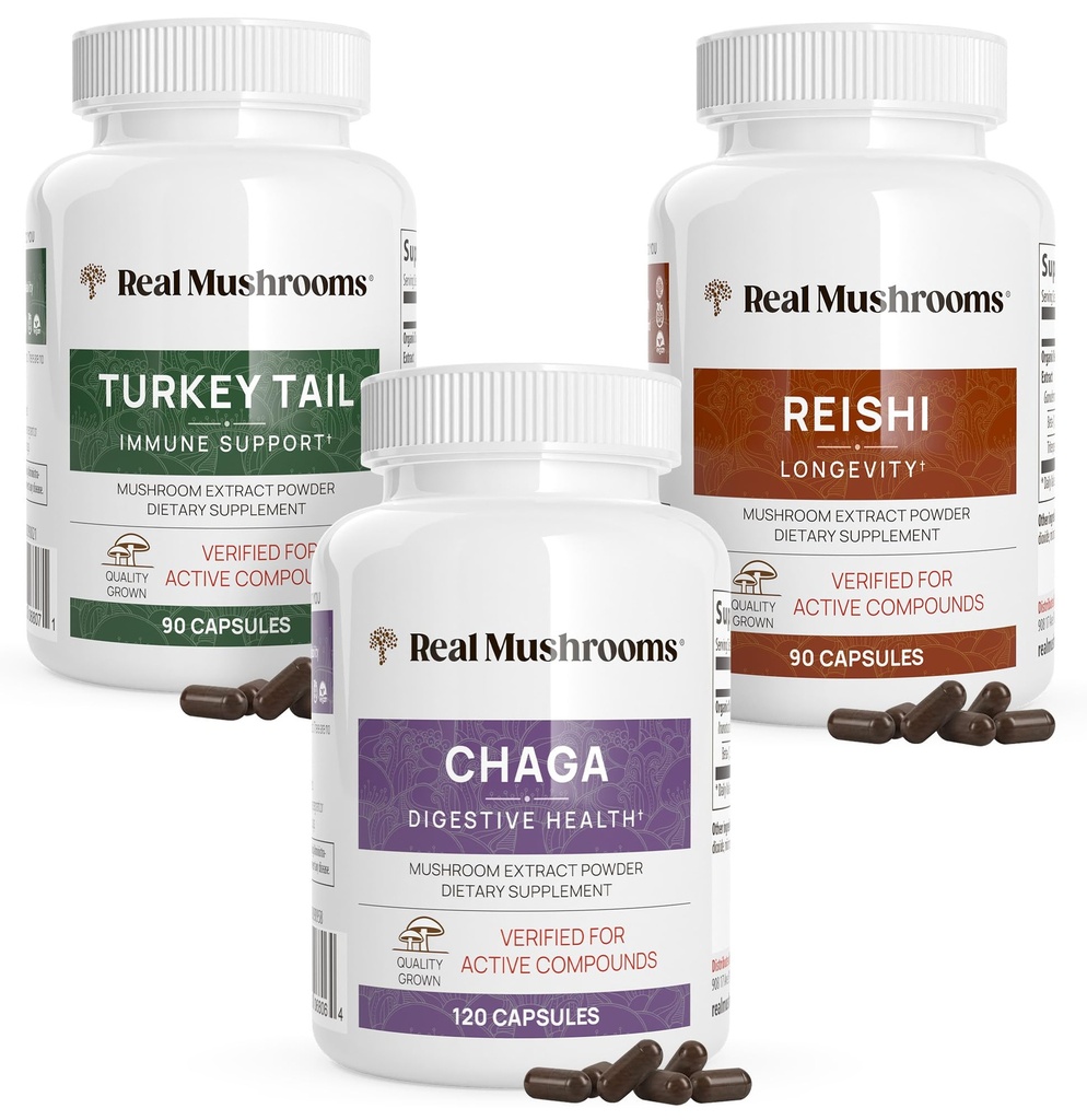 Reishi 415 Capsules de longévité (90ct), Turquie Tail Mushroom Extract Immmune Support (90ct), Chaga Extract Mushroom Supplément (120 capsules)