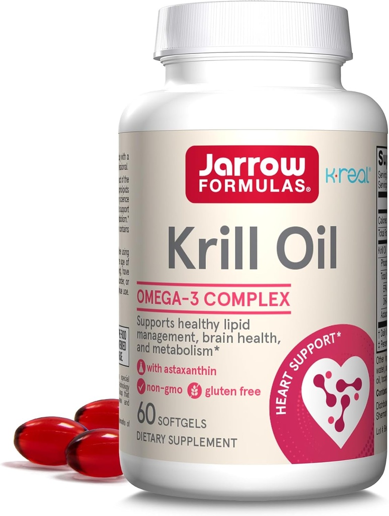 Formules de Jarrow Huile de krill - Complexe Phospholipide Omega-3 avec Astaxanthin - 60 Softgels - 30 portions - Soutient la gestion des lipides, le métabolisme, la santé cérébrale et cardiaque - EPA et DHA - Sans gluten - Non-OGM