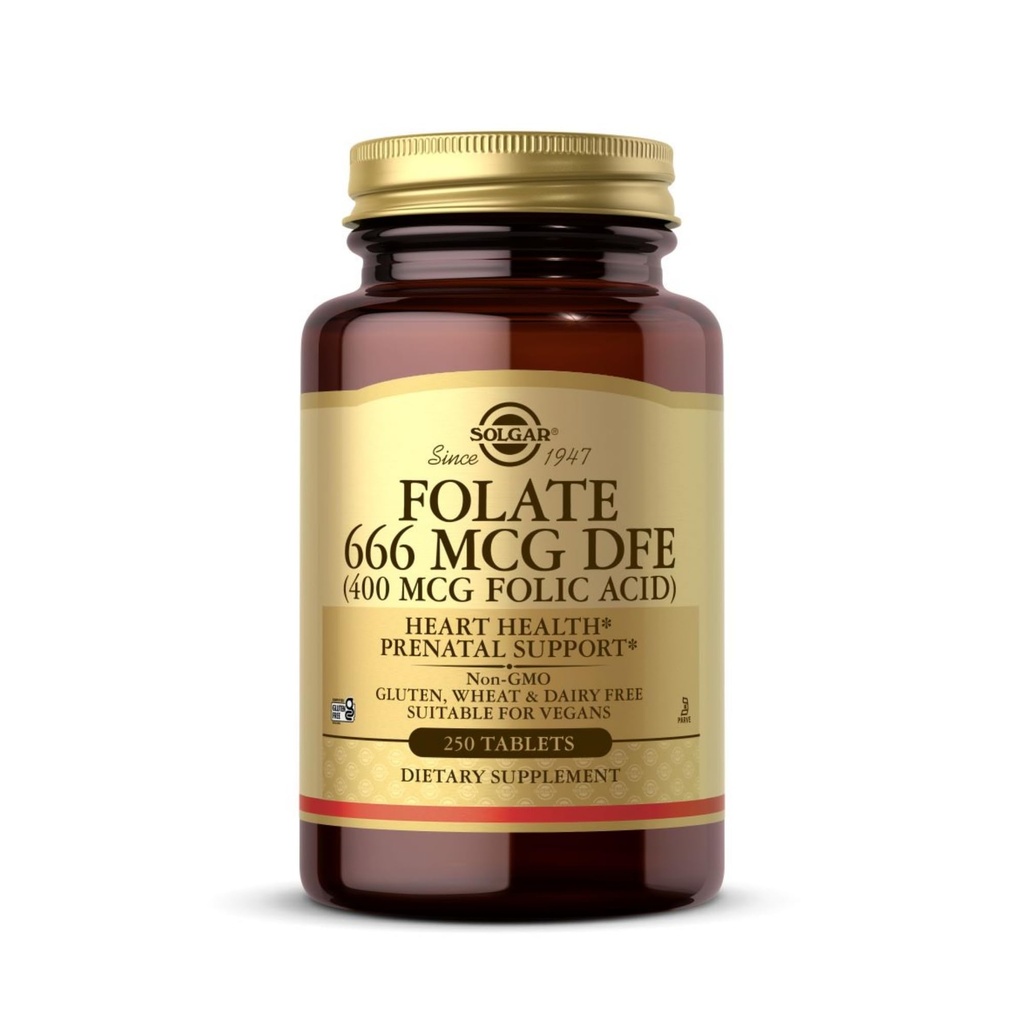 Solgar Folate 666 mcg DFE (acide folique 400 mcg) - 250 comprimés - Soutien prénatal - Non-OGM, végétalien, sans gluten, sans lait, sans casher - 250 portions