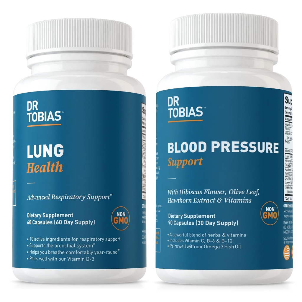 Dr Tobias Lung Health & Blood Pressure Support Suppléments, Lung Cleanse & Detox, soutient la santé circulatoire normale avec vitamine C, B6, B12, Nicine, Folate