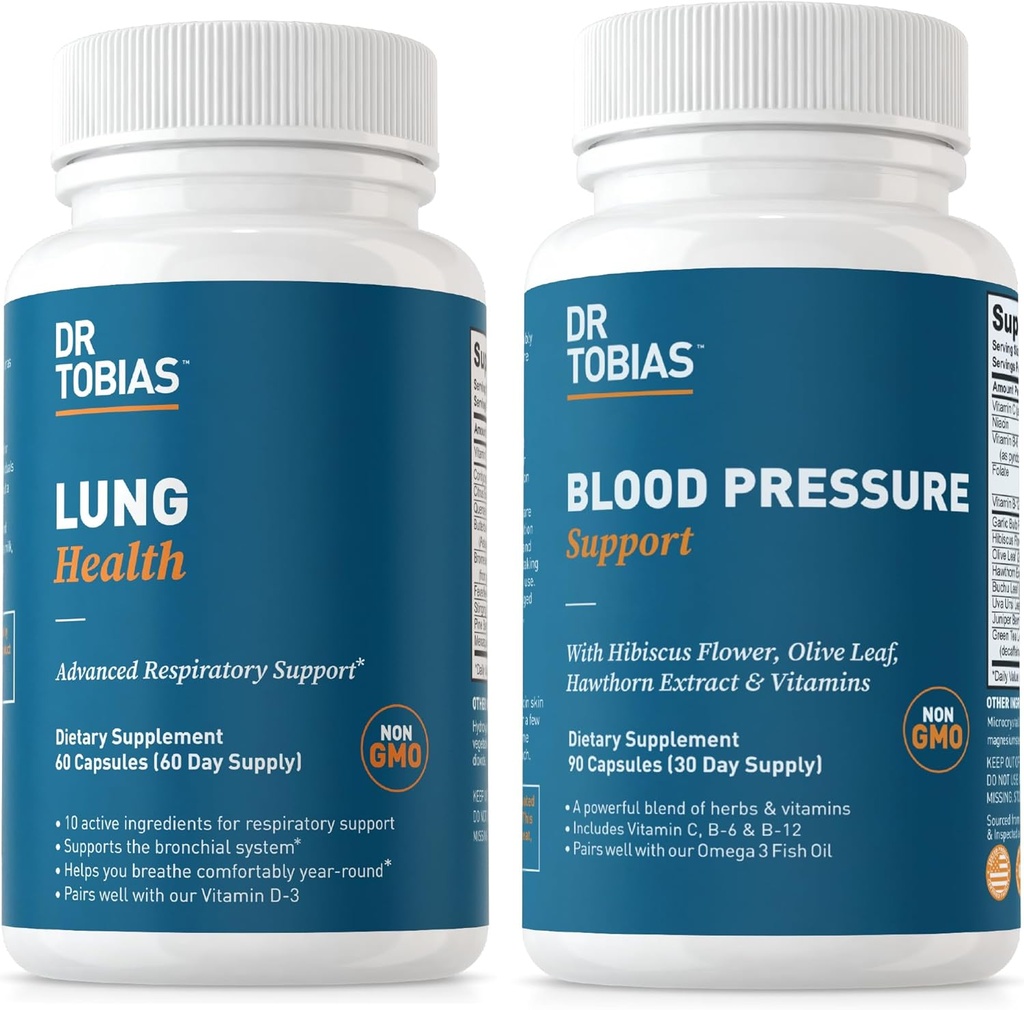 Dr Tobias Lung Health & Blood Pressure Support Suppléments, Lung Cleanse & Detox, soutient la santé circulatoire normale avec vitamine C, B6, B12, Nicine, Folate