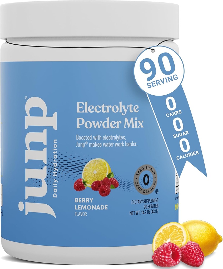 JUNP Electrolytes en poudre Pas de sucre Pas de glucides – Berry Lemonade Keto Electrolyte Mélange de boisson - Potassium et sel Poudre d'hydratation Electrolytes - Zéro Calorie Sans sucre Poudre d'électrolyte, 90 portions