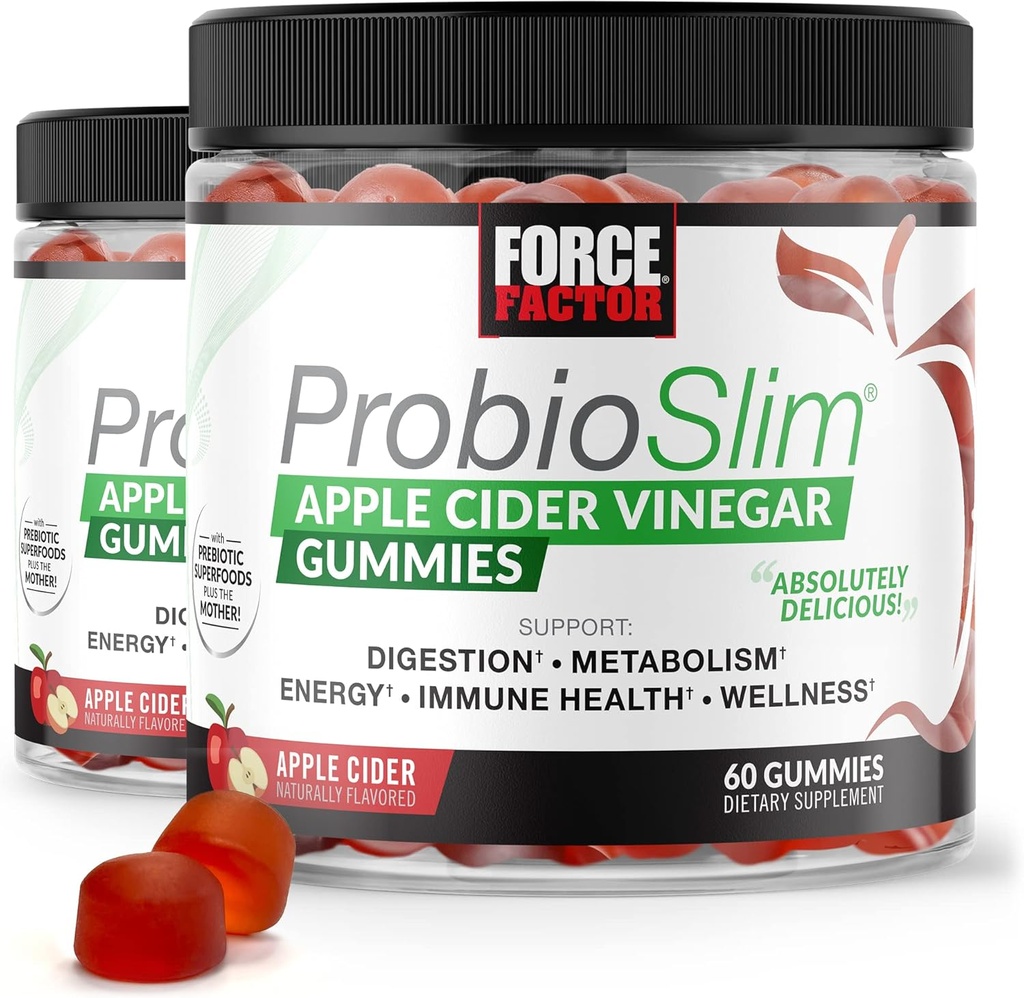 FACTEUR DE FORCE ProbioSlim Gommies de vinaigre de cidre de pomme, 2-packs, avec vinaigre de cidre de pomme biologique et probiotiques de LactoSpore et prébiotiques pour soutenir la digestion, le métabolisme et la santé immunitaire, 120 Gommies