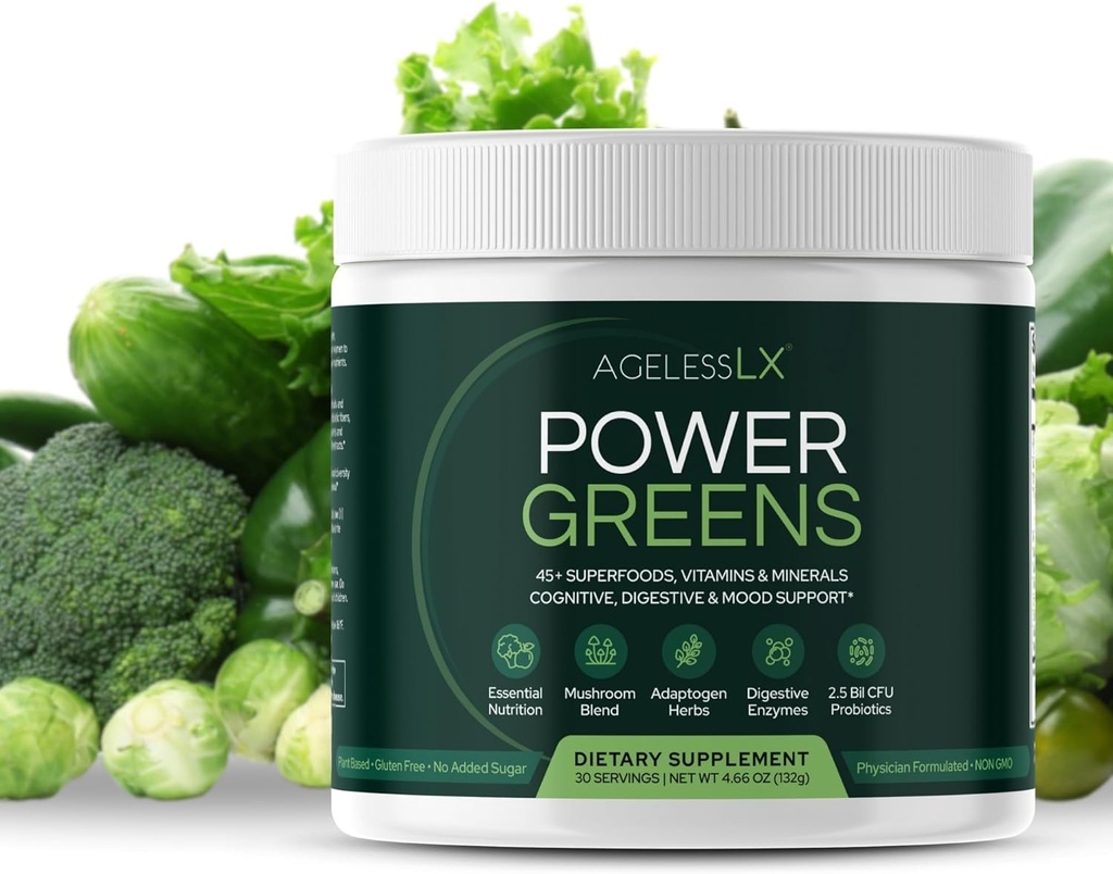 AgelessLX Power Greens, 42 Superfoods with Probiotics, Enzymes, and Prebiotic Fiber for Enhanced Energy, Immunity & Digestive Health, 30 Servings