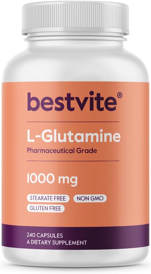 BESTVITE Sans remplissage L-Glutamine 1000mg par gélule (240 gélules) - Forme libre - Pas de stéarate - Sans gluten - Non OGM - Supplément de glutamine pure L - Concentration maximale Capsules de glutamine