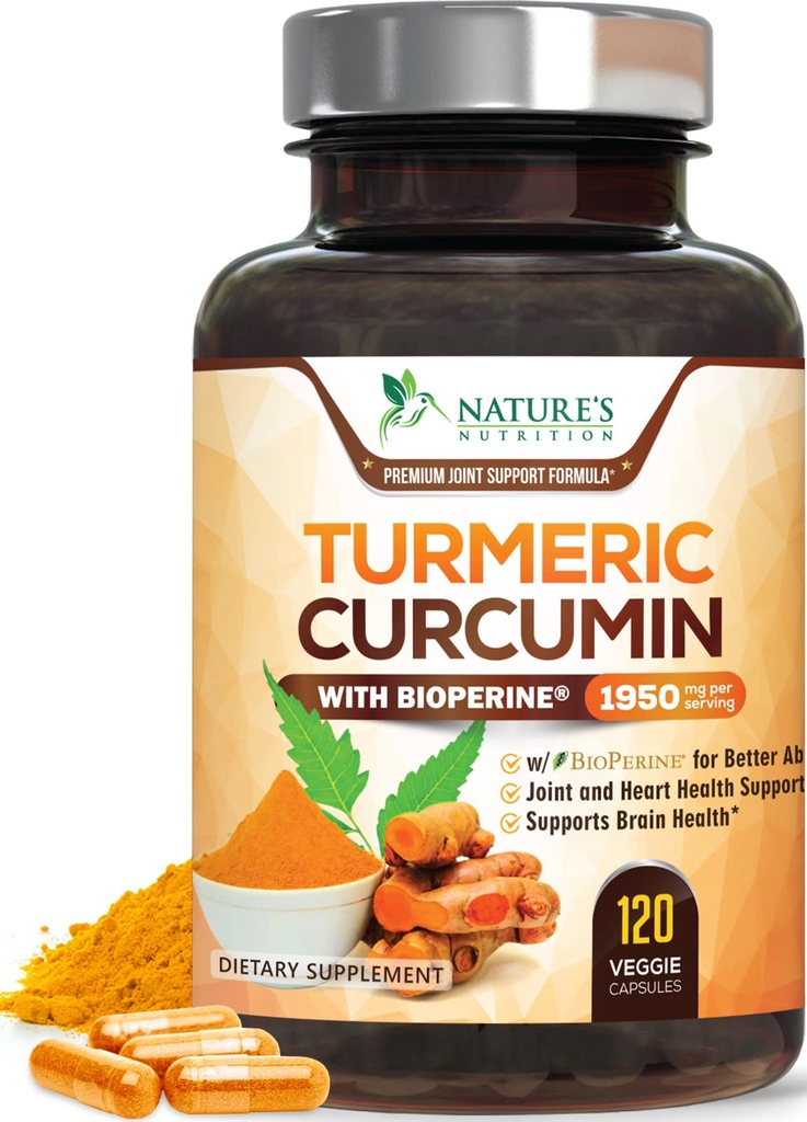 Supplément curcumin curcumin curcuma 1950mg - 95% Curcuminoides avec extrait de poivre noir curcuma et biopérine biologique pour la meilleure absorption, support de joint végétalien de la nature, non-OGM, mis en bouteille aux États-Unis - 120 Capsules