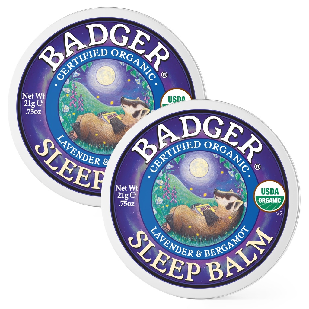 Badger Sleep Balm, Organic Essential Oil Aromatherapy Natural Sleep Balm for Adults & Kids, Relaxing & Calming Lavender & Bergamot Natural Sleep Support, .75 oz Tin, 2-Pack