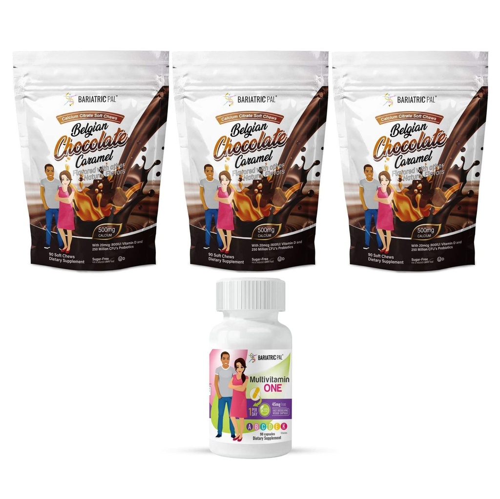 BariatricPal 90 jours Bariatric Vitamine Bundle (Multivamine ONE 1 par jour! Capsule avec 45mg de fer et de citrate de calcium Mâches douces 500mg avec probiotiques - Caramel de chocolat belge)