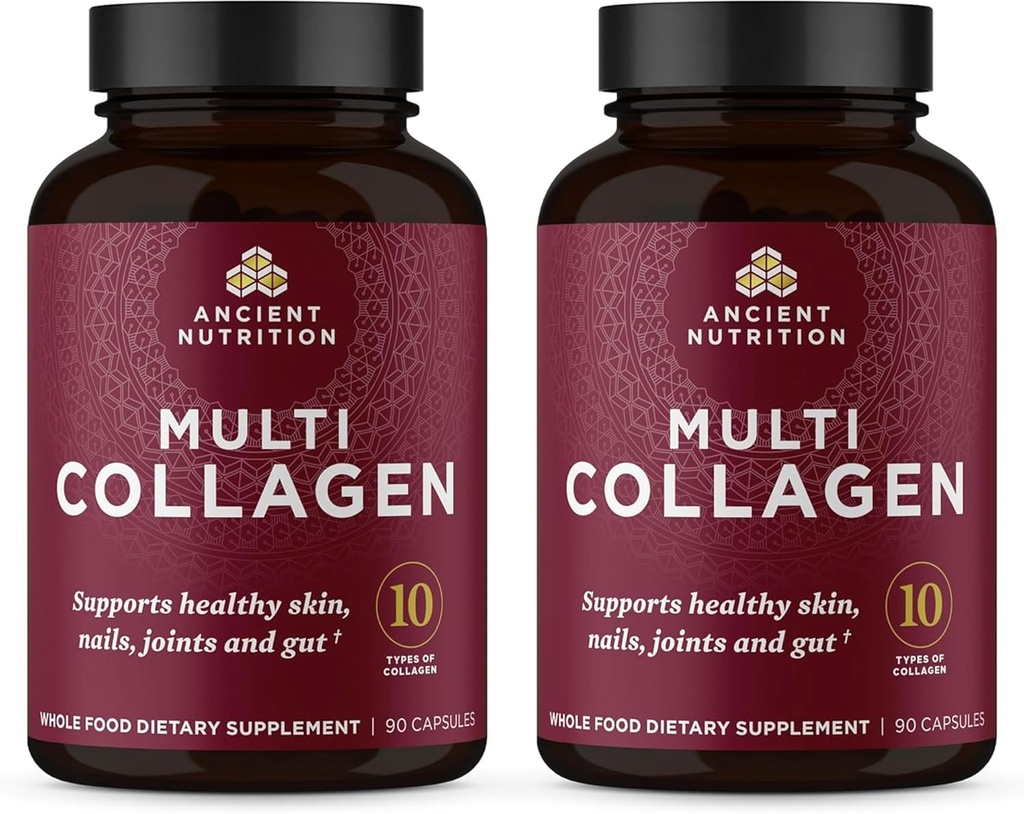 Ancient Nutrition Collagen Peptides Capsules Supplement, Hydrolyzed Collagen Pills for Women & Men, Supports Healthy Skin & Nails, Gut Health & Joint Support, Shrink-Wrapped 90 Count Bundle (2 Pack)