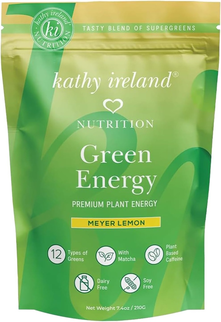 Kathy Ireland Super Greens Poudre d'énergie, mélange d'énergie propre avec Matcha et thé vert, supplément de soutien immunitaire et digestif, sans sucre ajouté, Meyer Lemon Flavor, 7,4 oz