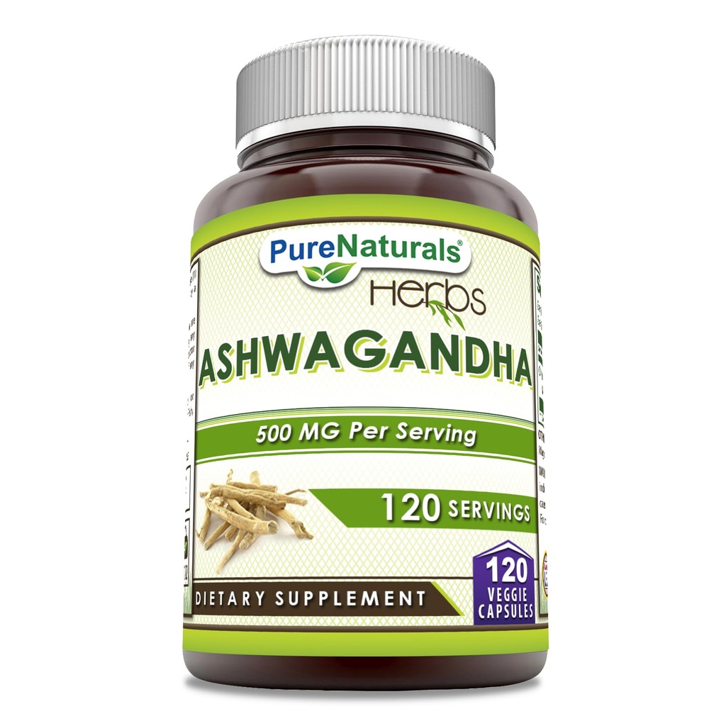 Pure Naturals Ashwagandha 500 Mg per Serving 120 Veggie Capsules Supplement | Made with Natural Ashwagandha | Non-GMO | Gluten Free | Made in USA