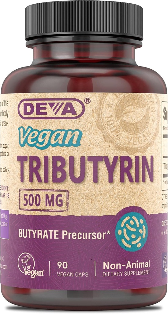 DEVA Vegan Tributyrine Supplément - Précurseur de Butyrate, Support de la barrière de Gut, Acide Butyrique, Capsules Vegan 500 MG, Support de Gut Leaky, Digestion, 90 Compte