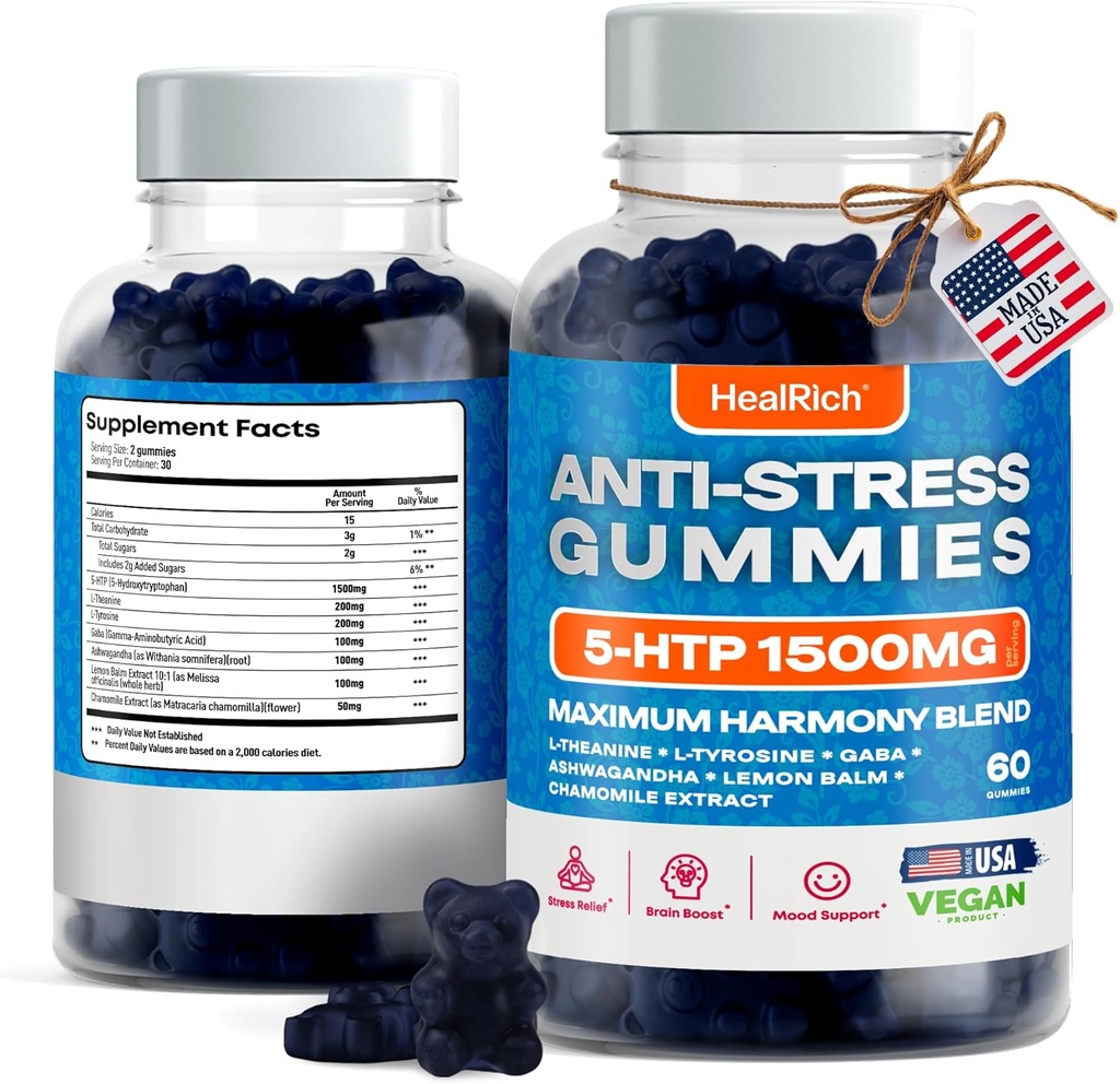 Gummies anti-stress - 1500MG 5HTP avec L-Theanine Gaba & L-Tyrosine - Ashwagandha Herbal Supplément soutient l'alerte intellectuelle Vegan Cerveau Mood Booost Suppléments pour enfants et adultes fabriqués aux États-Unis