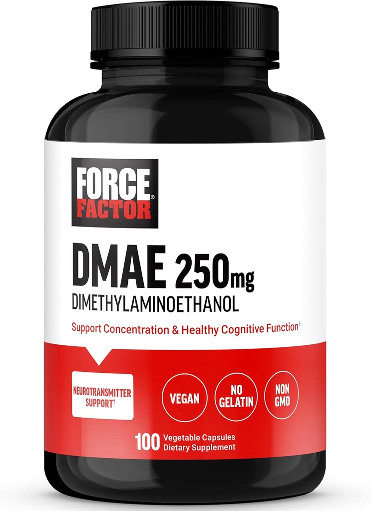 FACTEUR DE FORCE Supplément DMAE pour la concentration, la concentration et la fonction cognitive saine, supplément cérébral et soutien aux neurotransmetteurs, végétalien, non OGM, 100 capsules