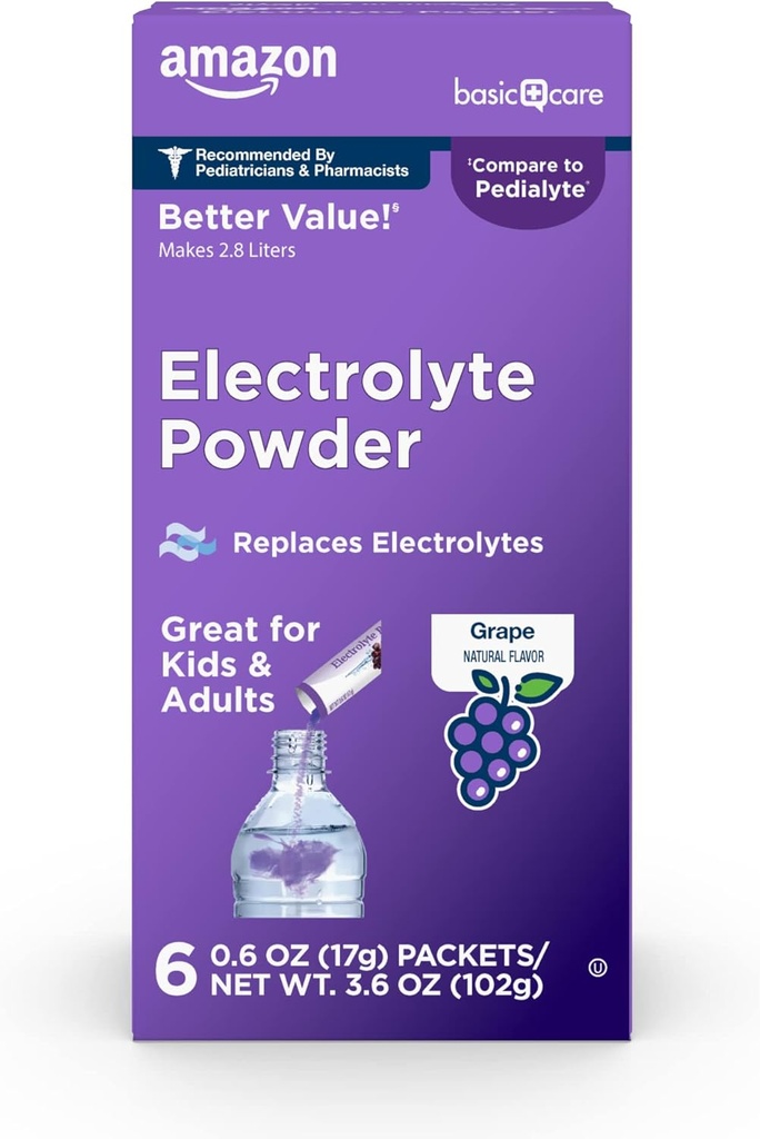 Amazon Basic Care Electrolyte Powder Packets pour la réhydratation pour les enfants et les adultes, arômes de raisin, 6 comtes (paquet de 1)