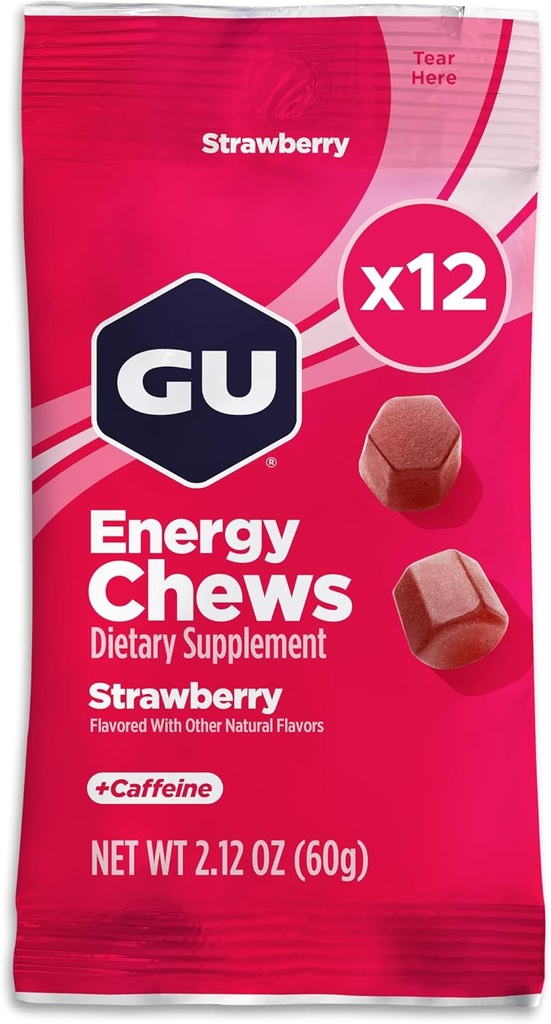 GU Energy Chews, Strawberry Energy Gummies avec électrolytes, végétalien, sans gluten, casher, 20 mg de caféine, et l'énergie en cours de route sans lait pour tout entraînement, 12 sacs (24 portions Total)