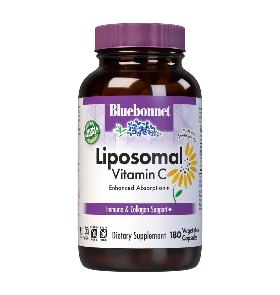 BlueBonnet Nutrition Vitamine liposomique C 1000 mg, faite avec de l'huile de tournesol, de l'Immune et du confort articulaire*, végétalien, casher, non-OGM, sans gluten, sans lait sans soja, 180 capsules végétales, 90 portions