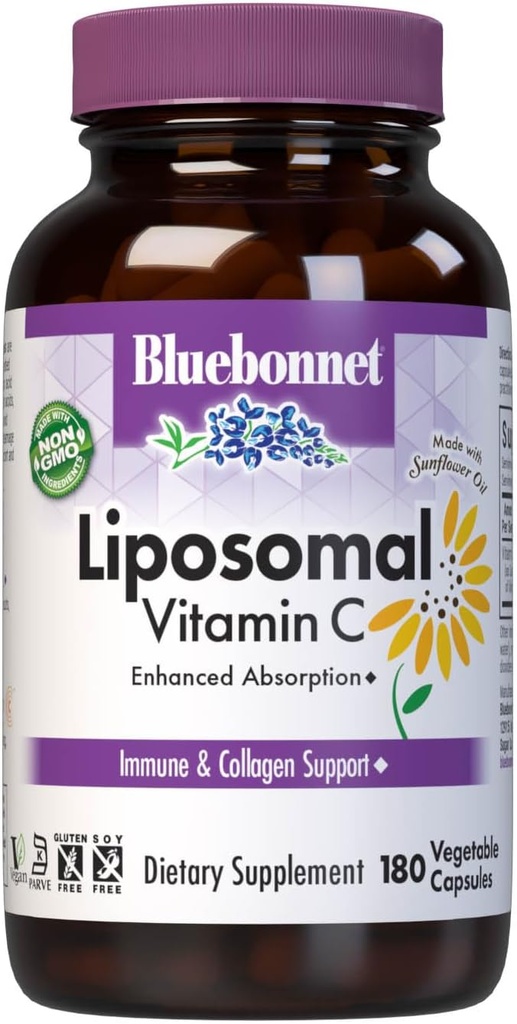 BlueBonnet Nutrition Vitamine liposomique C 1000 mg, faite avec de l'huile de tournesol, de l'Immune et du confort articulaire*, végétalien, casher, non-OGM, sans gluten, sans lait sans soja, 180 capsules végétales, 90 portions