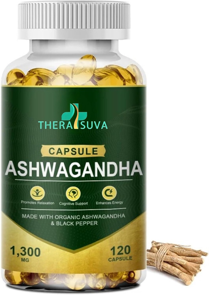 Ashwagandha biologique + poivre noir, tout supplément naturel haute puissance pour le soulagement du stress et la vitalité 120 Softgels, 60 jours d'approvisionnement
