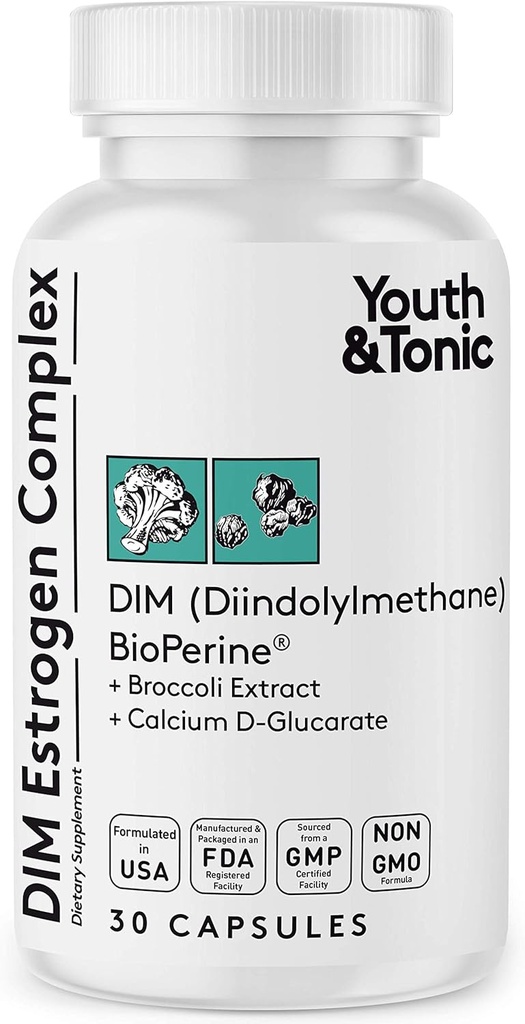 Youth & Tonic DIM BioPerine for Estrogen Métabolism Support: Soutien aux femmes et aux hommes Hormone Balance with Excess Estrogen Blocker: Supplément Diindolylméthane - 30 pilules