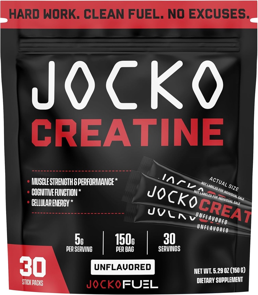 Jocko Carburant Stick Packs Creatine - Creatine Monohydrate Packs de voyage en poudre pour hommes et femmes, Supplément pour la performance athlétique et la santé musculaire, 30 portions 150g (non aromatisé)