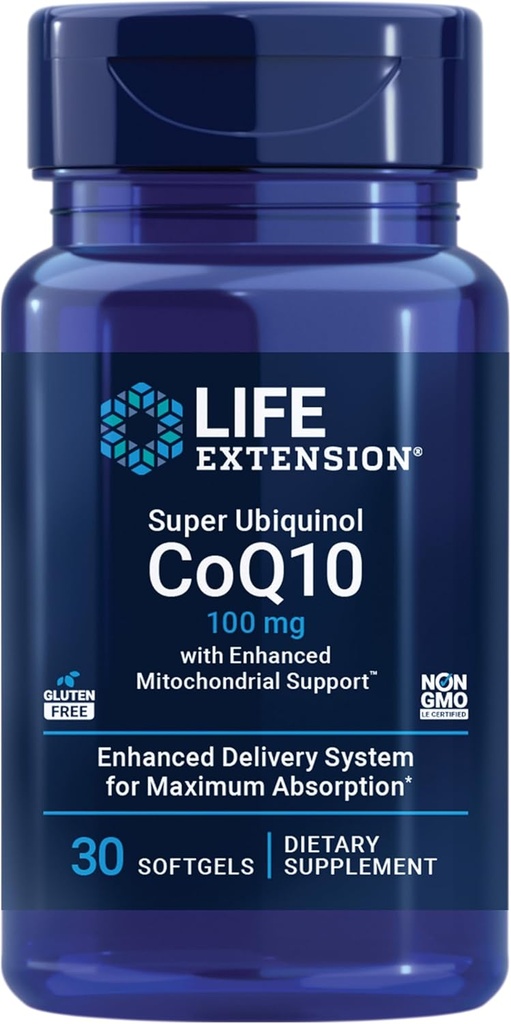 Life Extension Super Ubiquinol CoQ10 avec support Mitochondrial amélioréTM, supplément santé cardiaque, absorption maximale, 100 mg, non-OGM, sans gluten, 30 softgels