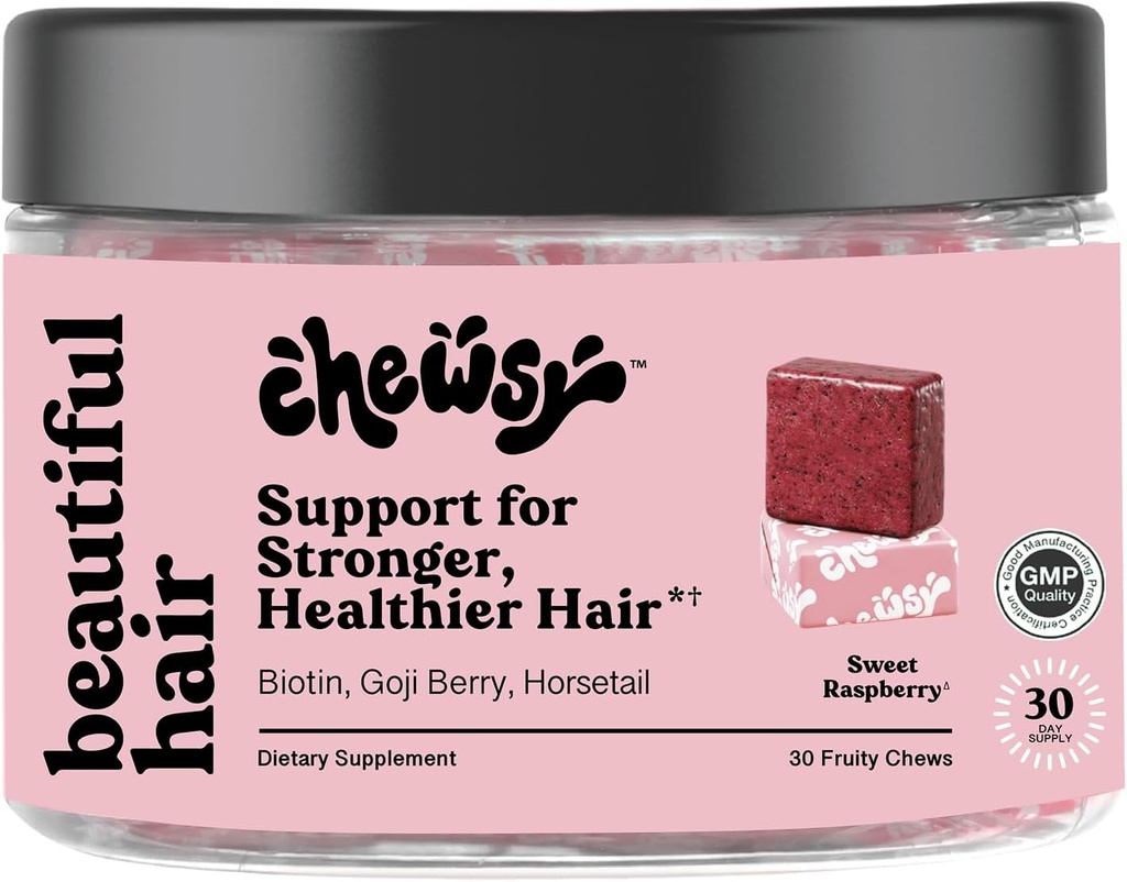 Chewsy - Belles Cheveux - Soutien pour cheveux plus forts et sains - avec biotine, extrait de crin, baies de Goji et vitamines - framboise douce, 30 jours d'approvisionnement