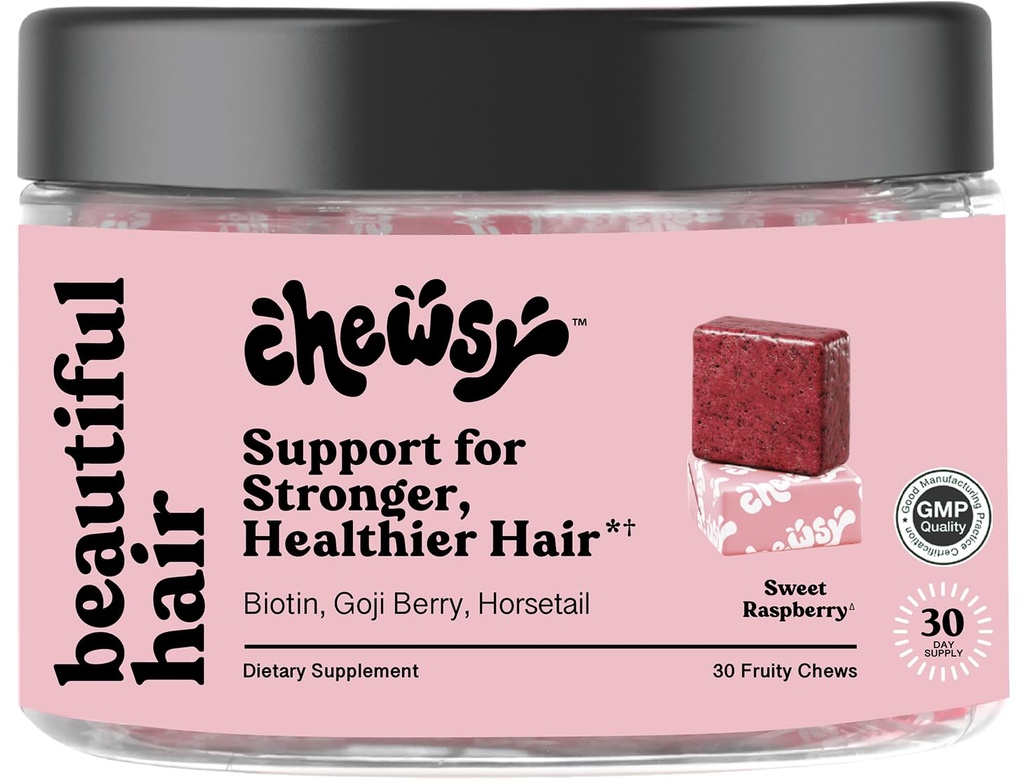 Chewsy - Belles Cheveux - Soutien pour cheveux plus forts et sains - avec biotine, extrait de crin, baies de Goji et vitamines - framboise douce, 30 jours d'approvisionnement