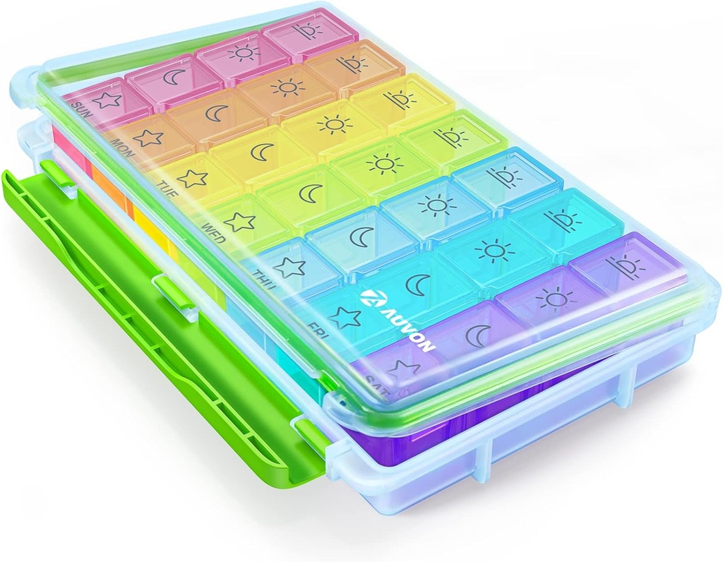 AUVON iMedassist Hydratant-Proof Weekly Pill Organizer 4 fois par jour, grande boîte à pilules de 7 jours portable pour voyager avec des contenants amovibles individuels de pilules pour contenir des vitamines, des suppléments et des médicaments