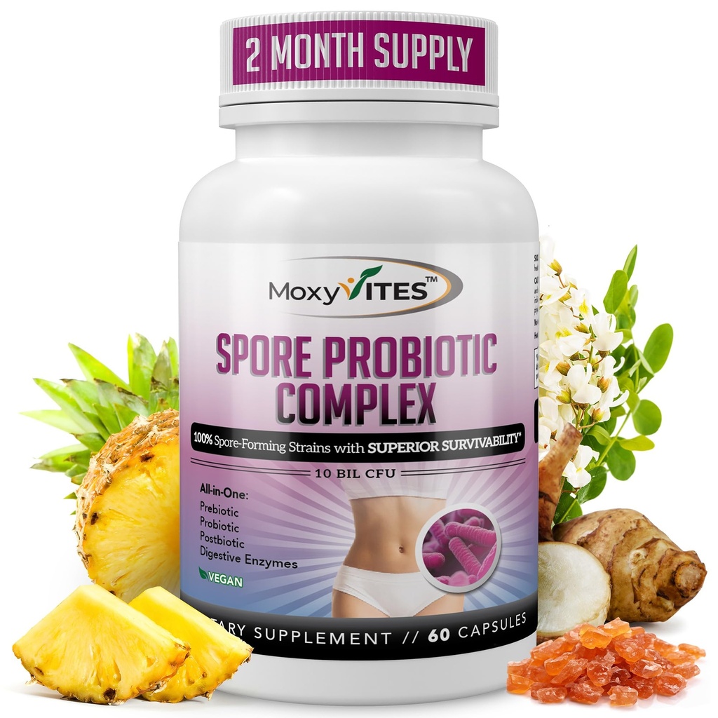 MoxyVites Spore Probiotic Complex - Tous en un prébiotiques et probiotiques pour la santé digestive, postbiotiques, enzymes digestives Supplément quotidien - Probiotique à base de spore pour les femmes et les hommes