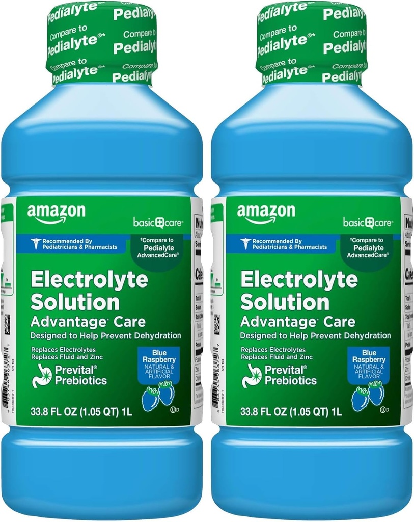 Soins de base Solution électrolyte Avantage Soin avec prébiotiques prévitaux, framboise bleue, conçu pour aider à prévenir la déshydratation, remplace électrolytes, fluide et zinc, 33,8 fl oz (paquet de 2)