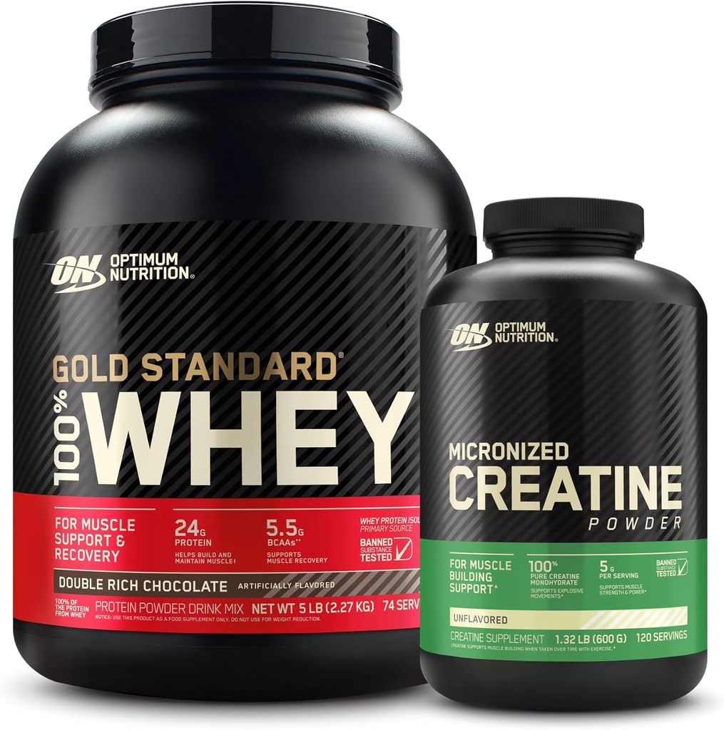 Optimum Nutrition 100% Or Standard Whey Protéine Poudre: Chocolat double riche (5 livres) avec poudre monohydratée micronisée de créatine, non aromatisée (120 portions) - Pack de paquets