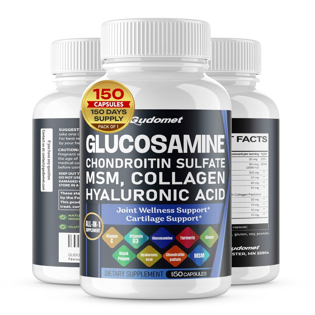 Glucosamine Chondriitine sulfate de méthylsulfonylméthane Acide hyaluronique Gingembre curcuma Vitamine C, D3, poivre noir -150 capsules- Fabriqué aux États-Unis