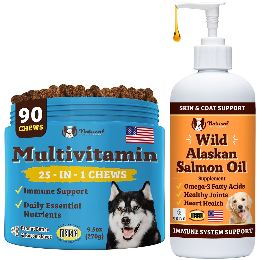 Natural Dog Company Trousse de bien-être pour chiens, huile de saumon pour chiens, multivitamine et supplément, Démangeaison