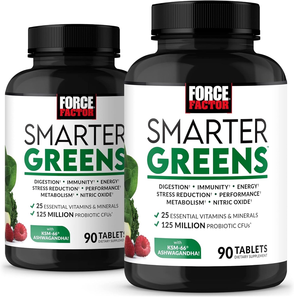FACTEUR DE FORCE Comprimés verts plus intelligents, 2-packs, supplément vert avec 25 superaliments et antioxydants pour améliorer la digestion, réduire le stress, renforcer l'immunité et soutenir le métabolisme, 180 comprimés