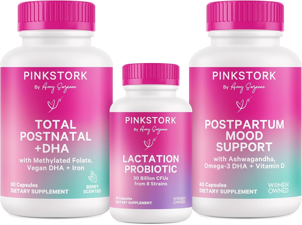 Pink Stork New Moman Necessities Bundle: Vitamine postnatale avec DHA et acide folique, Probiotique d'allaitement pour l'approvisionnement en lait maternel + Immune Support, Mood postpartum + Hormone Support, Essentiels postpartum