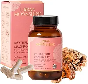 Urban Moonshine Mothership Mushroom - Herbal Supplement for Immune Support - with Lion’s Mane, Maitake, Turkey Tail & Reishi - Certified Organic, Gluten-Free & Vegan - 60 Capsules