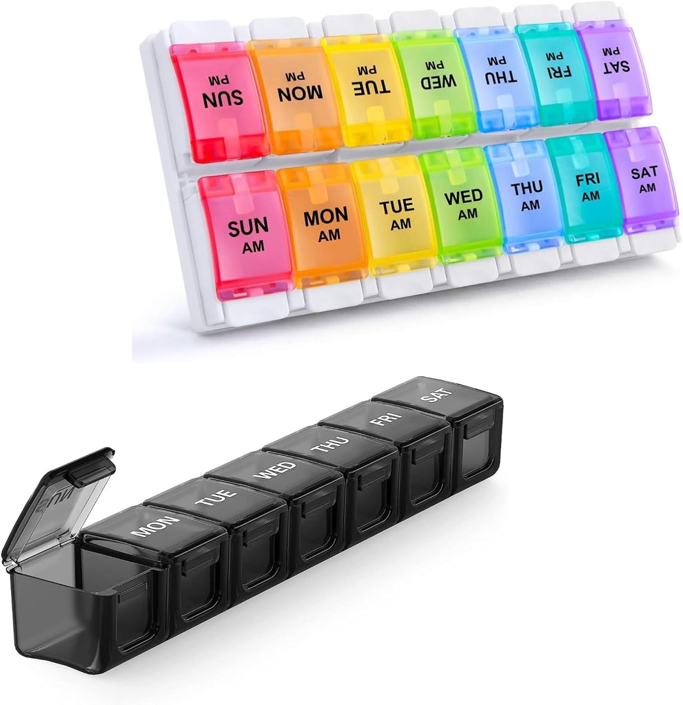 2 Pack Weekly Pill Organizer, Sukuos Large Daily Pill Case 7 Jour pour les pilules/vitamine/huile de poisson/Suppléments, BPA Free Medicine Organizer Box