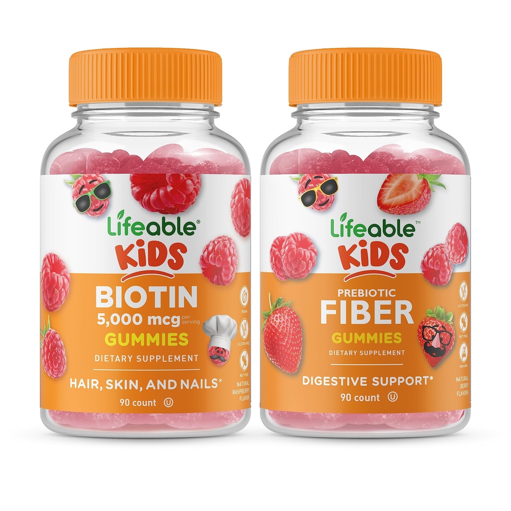 Biotine Lifeable Enfants + Fibre prébiotique Enfants, Gommies Bundle - Grande dégustation, supplément de vitamine, sans gluten, sans OGM, gommy à croquer
