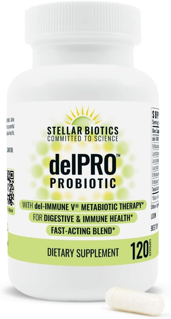 Del-Immune V® + Delpro Probiotic & Prebiotic Blend par Stellar Biotics - Promotion de la santé optimale des intestins, de la digestion, du soutien immunitaire et de l'humeur (120 capsules)