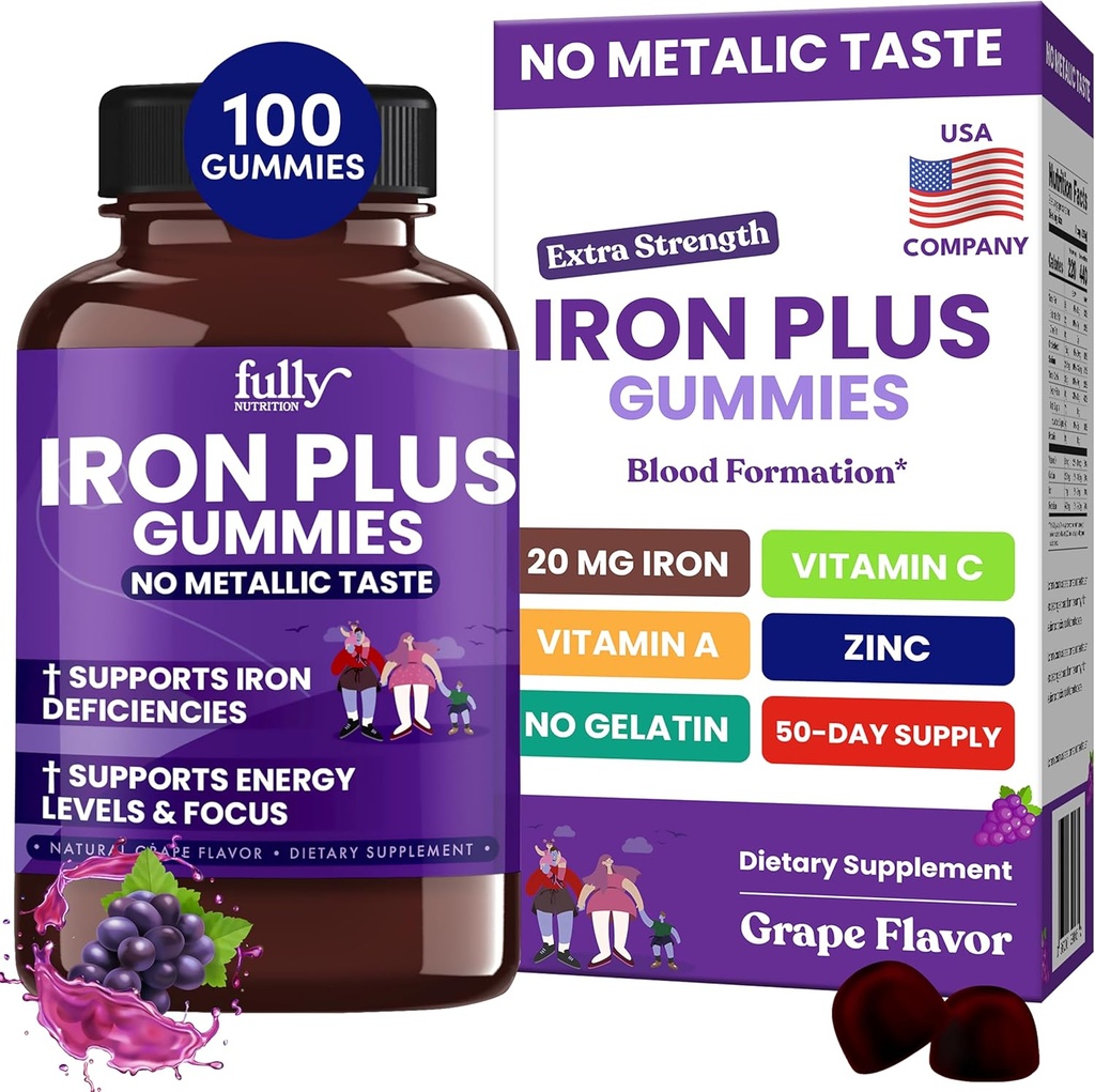 Iron Gummies Supplements for Women, Men and Kids – Health Blood & Energy Support for Iron Deficiency, Anemia, No After Taste- Fresh Grape Flavor- 100 Gummies (50 Days Supply)