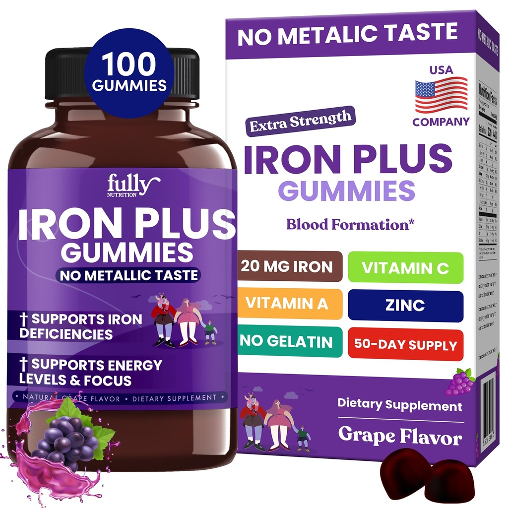 Suppléments de gommies de fer pour les femmes, les hommes et les enfants – Soutien au sang et à l'énergie pour le déficit en fer, l'anémie, non après le goût- Arôme de raisin frais- 100 gommies (50 jours d'approvisionnement)