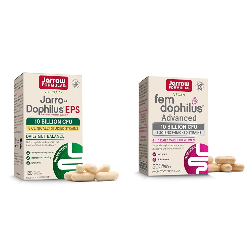 Formules de Jarrow Probiotics Bundle avec Jarro-Dophilus EPS 10 Million CFU 120 Caps et Fem-Dophilus Advanced 10 Million CFU 30 Caps