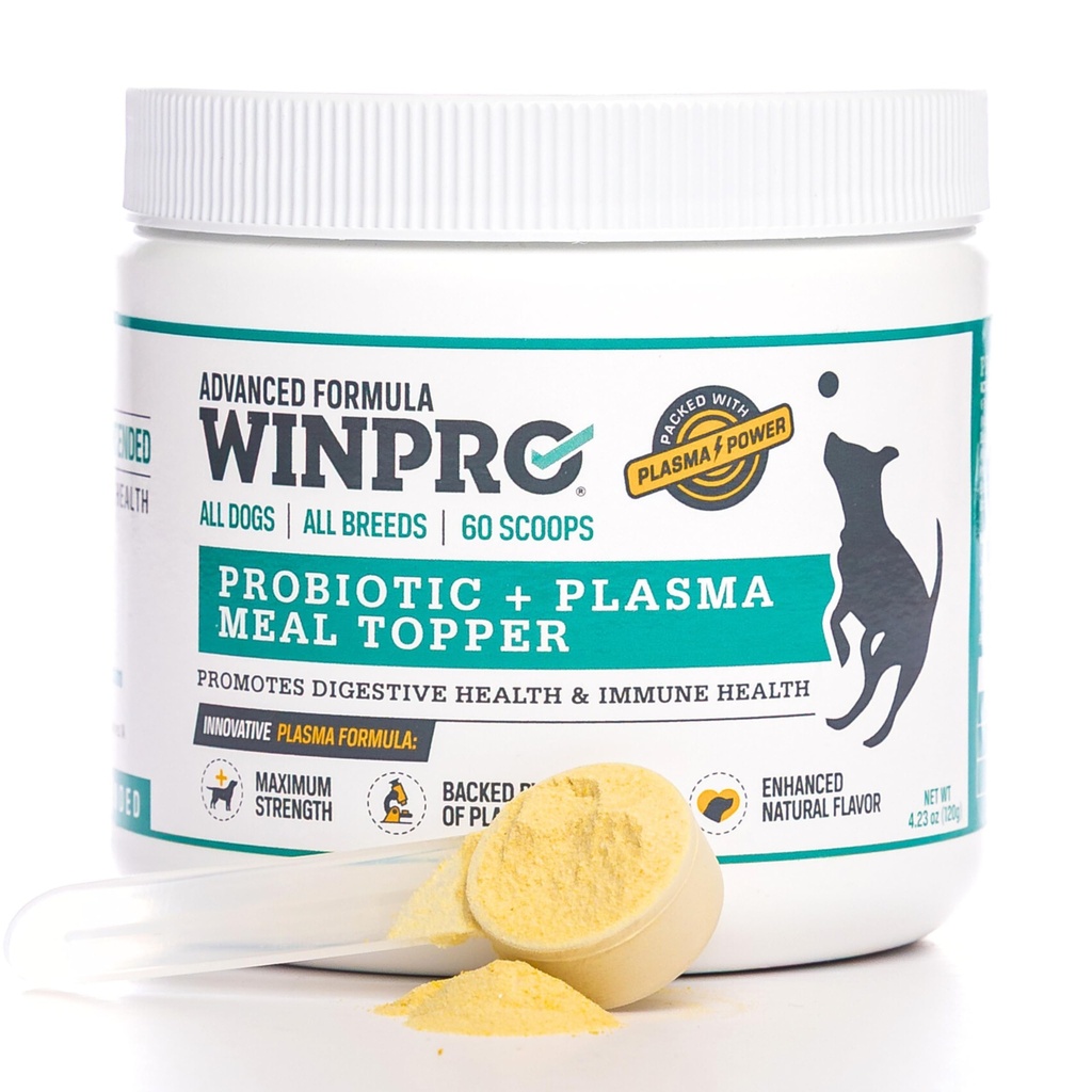 WINPRO Chien Probiotique Poudre Topper repas en poudre, Spray Plasma séché avec prébiotiques et probiotiques pour le soutien digestif et la santé Gut pour les chiens, toutes races, âges et tailles, 60 Scoops, Fabriqué aux États-Unis