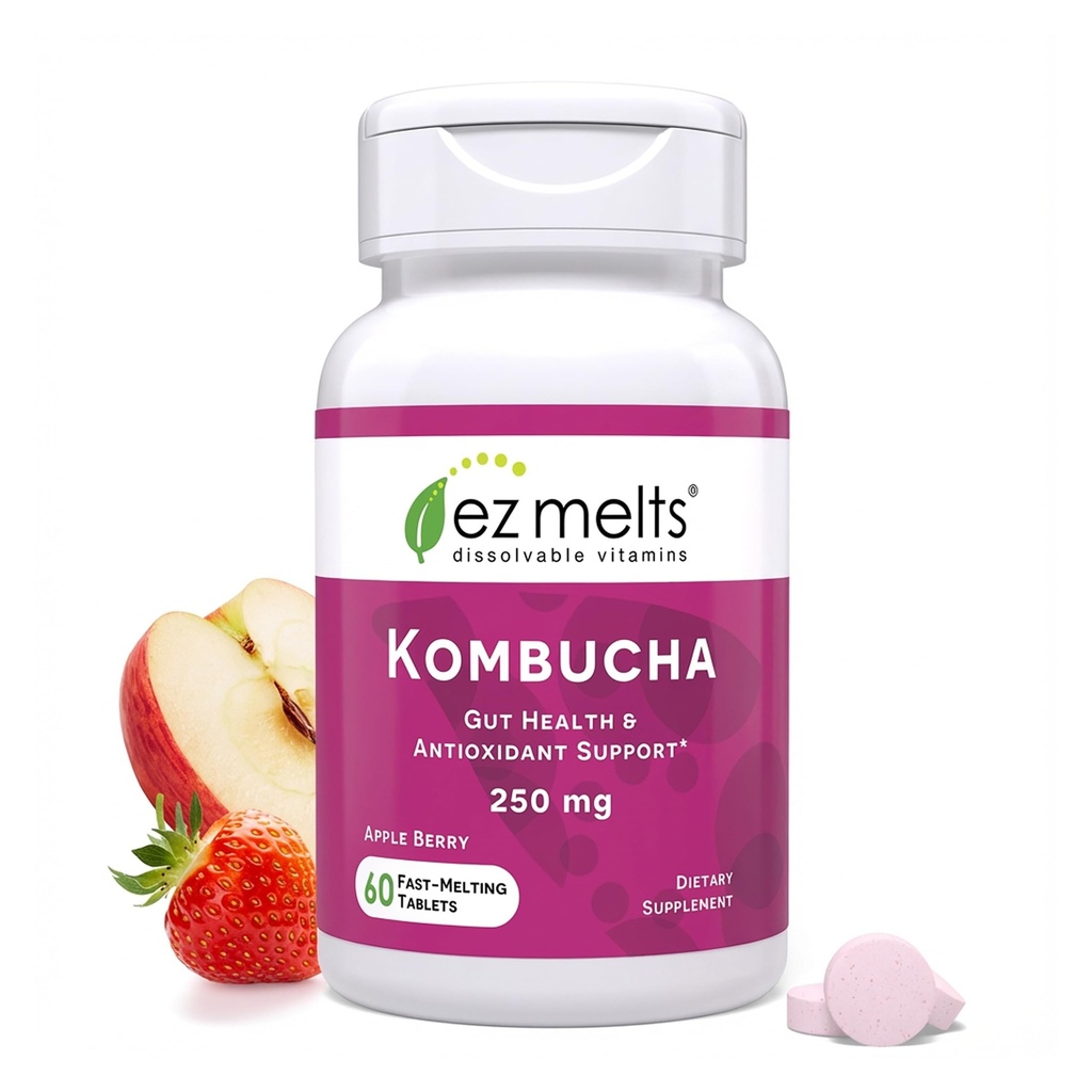 EZ Melts Comprimés Kombucha sans sucre dissolvables avec vinaigre SCOBY et cidre de pomme, suppléments de santé Gut pour les hommes et les femmes, saveur de baies de pomme, 2 mois d'approvisionnement - 1 pack